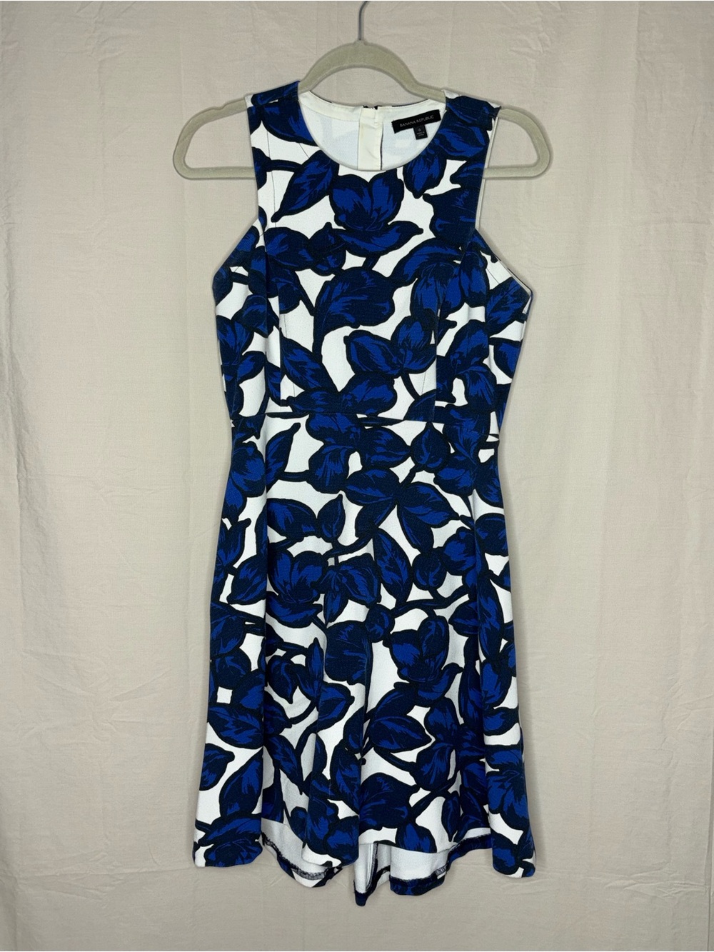 Banana Republic White Dress with Bold Royal Blue Floral Print